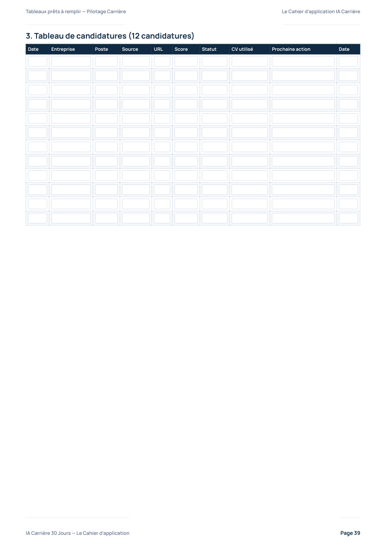 Aperçu du Cahier Interactif — Tableau maître de suivi de 12 candidatures