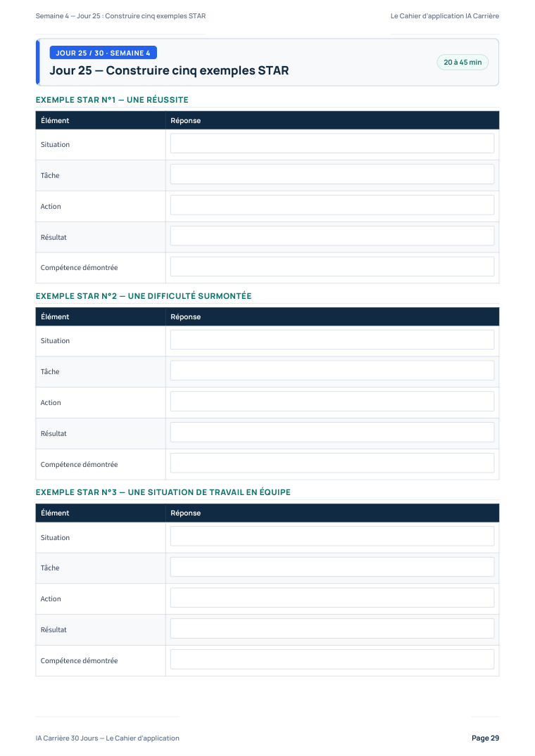 Aperçu du Cahier Interactif — Fiches d'exemples STAR pour les entretiens