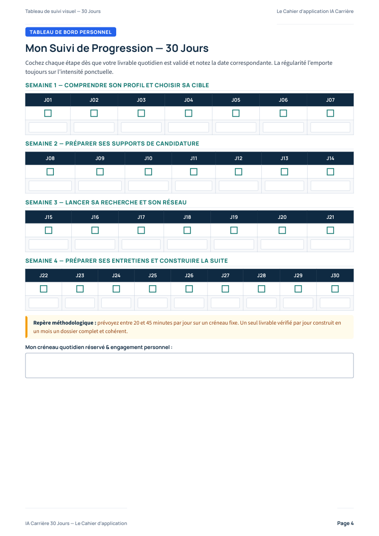 Aperçu du Cahier Interactif — Tableau de suivi visuel des 30 jours