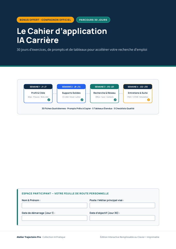 Couverture du Cahier d'application IA Carrière offert en bonus (44 pages A4)